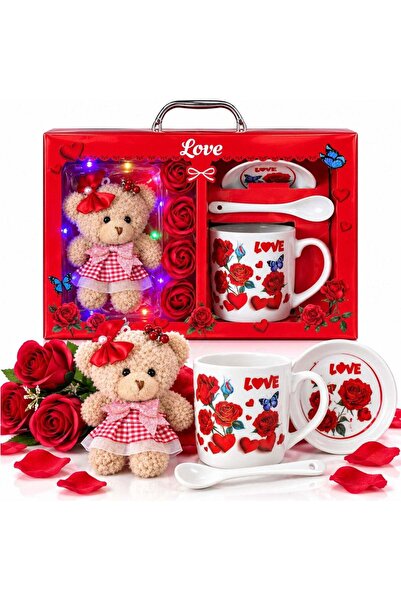 JML Ceramic Mug 9x8.5cm with Spoon, Lid, 12cm Teddy Bear, 4 Soap Roses, LED L...