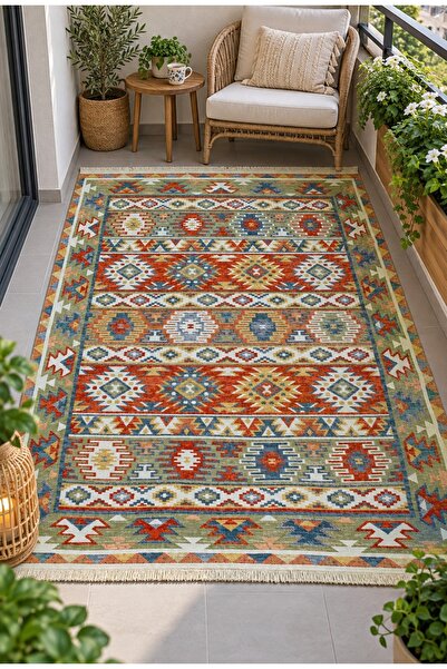 Safir Şönil Çift Taraflı Etnik Desenli Kilim – Renkli Özel Tasarım, Saçaklı, Makinede Yıkanabilir Dokuma Kilim | Salon, Mutfak, Yatak Odası, Oturma Odası, Banyo
