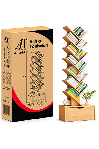 AT Performance Bibliotecă Tip Arbore cu 12 Niveluri și Sertar Inferior, Raft pentru Cărți Modern, Economisire