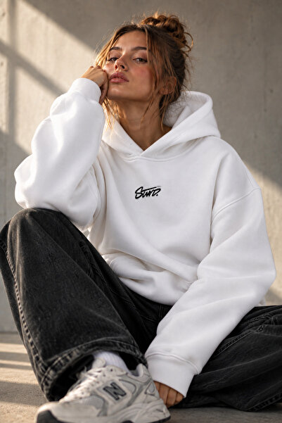 HAI COLLECTİON Kadın 3 İplik Oversize Hoodie – Minimal Baskılı Kapüşonlu Swea...