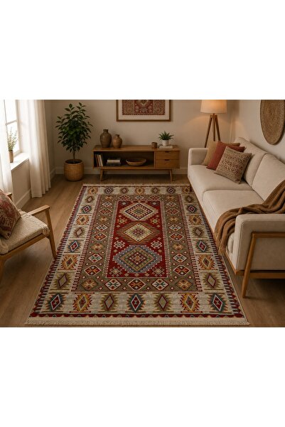 Safir Şönil Çift Taraflı Etnik Desenli Kilim – Renkli Özel Tasarım, Saçaklı, Makinede Yıkanabilir Dokuma Kilim | Salon, Mutfak, Yatak Odası, Oturma Odası, Banyo