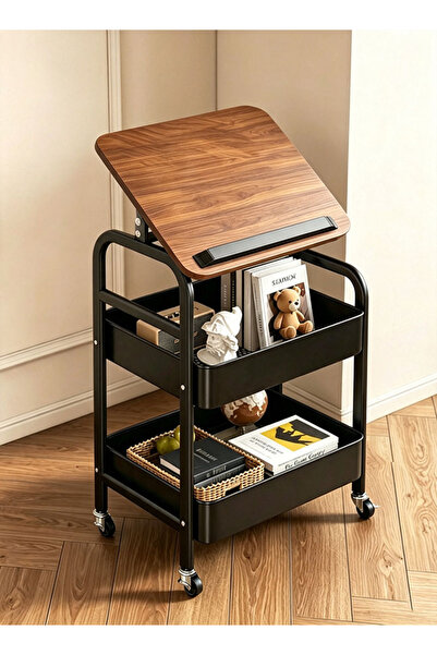 Generic Brand Tilting Top Rolling Side Table Cart - Black 2-Tier Mobile Stora...