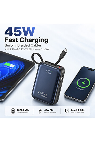 EqiEch 20000mAh 45W PD Power Bank, 2 Built-in Braided Cables, USB-C & USB-A P...