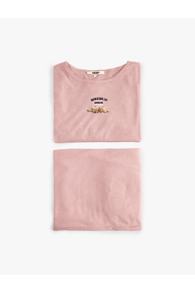 Koton Dog Embroidery Detailed Crew Neck Long Sleeve Pajama Set
