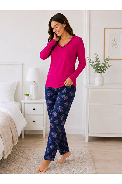 Serena Pijamale dama, Bluză și Pantalon cu Imprimeu Frunze- Fucsia