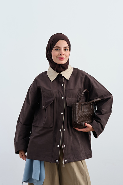 LOCCO Women's Double Pocket Shirt Collar Snap Detail Hidden Zipper Jacket Brown