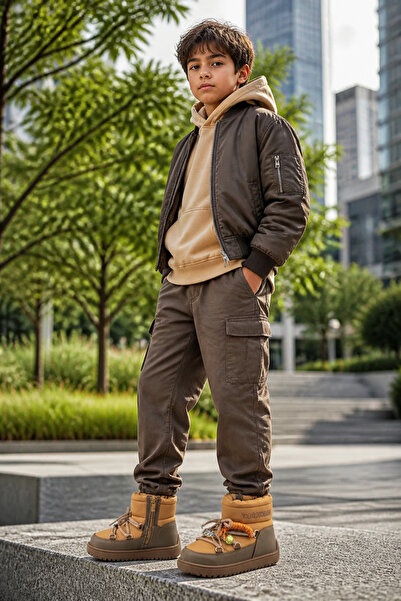 ByCukurovaFrango Stylish Anatomical Boys' Khaki Zippered Lace-Up Casual Boots...