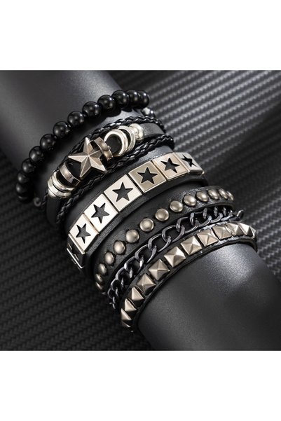 Choice B3845-4Pcs-Black 4Pcs/Set Hollow Star PU Leather Bracelet Punk Adjusta...