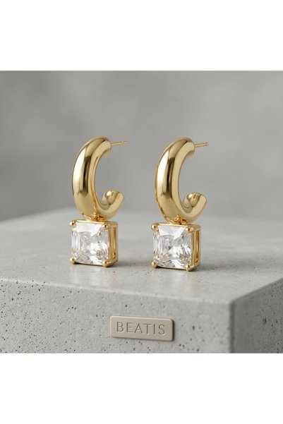 Beatis Gold Chunky Hoop Earrings with Square Zircon Stone Stylish Women's Earrings Aly-410