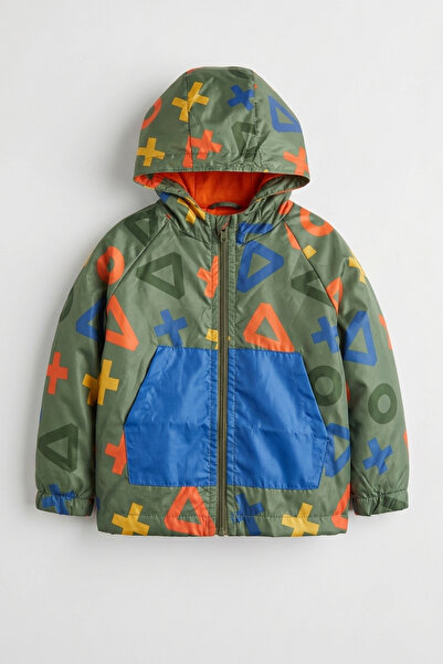 zumino Baby Boy Hooded Zippered Geometric Patterned Raincoat