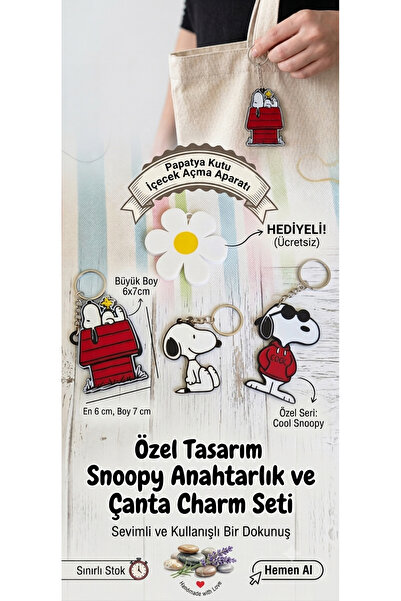 handedizayn 3D Snoopy 3'lu Hediyeli Anahtarlık Çanta Charmı