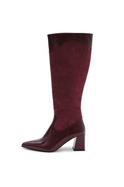 Mio Gusto Burgundy Color Suede Leather Decorated Women's Heeled Boots