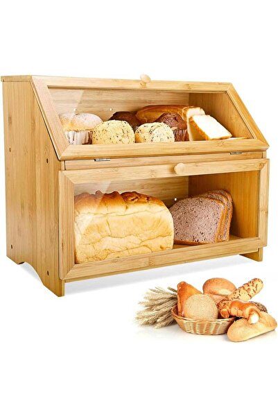 Arabest Double Layer Bamboo Bread Box,Large Capacity Kitchen Countertop Stora...