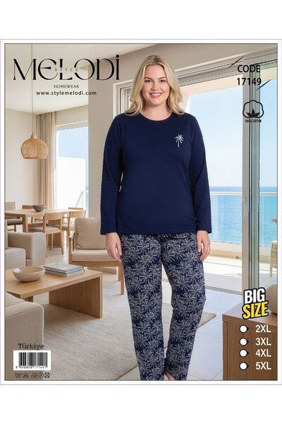 REN Costum de pijama pentru femei, albastru marin, cu gât tip crew, lung, măr...