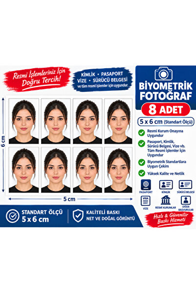 gelirr 8 Adet Biyometrik Vesikalık Fotoğraf - 5x6 cm Kişiye Özel Fotoğraf Bas...