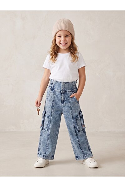 Deniva Kids Kız Çocuk Yüksek Bel Kar Yıkama Cepli Palazzo Jean Pantolon