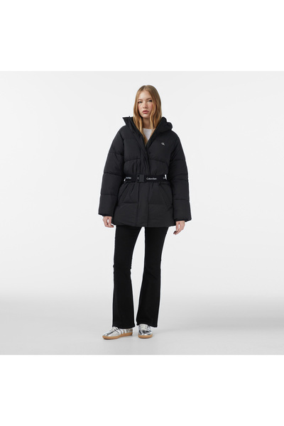 Calvin Klein Belted Midweight Puffer Kadın Siyah Mont