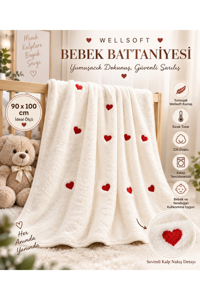 Movamirbaby WELLSOFT BEBEK BATTANİYESİ 90X100 CM KALP NAKIŞLI YUMUŞAK DOKULU