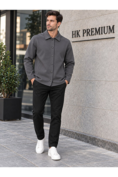 HK Premium Tekstil Erkek Gri Double Face Pike Gömlek Ceket – Regular Fit, Çıt...