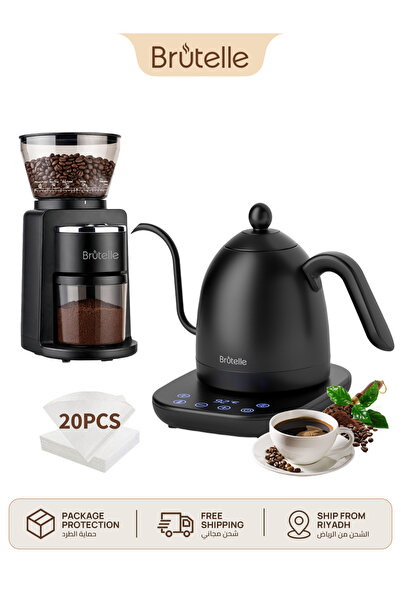 Brutelle Coffee Maker Set Electric Burr Grinder Gooseneck Kettle 34 Grind Set...