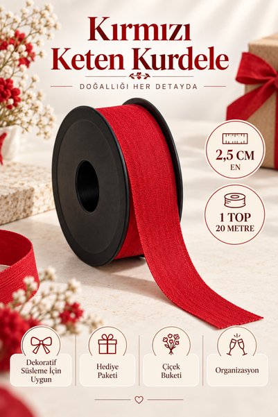 kubbe tekstil aksesuar Red Linen Ribbon 2.5 cm – 1 Roll 20 Meters – Decorativ...