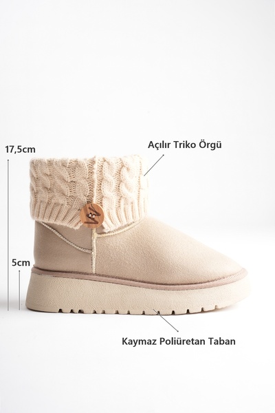 marceline Women's Beige Suede Knitwear Detailed Thick Soled Winter Boots with Fur Inside