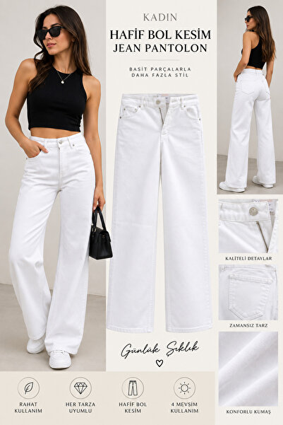 Ravello Collection Kadın Beyaz Yüksek Bel Hafif Bol Kesim Jean