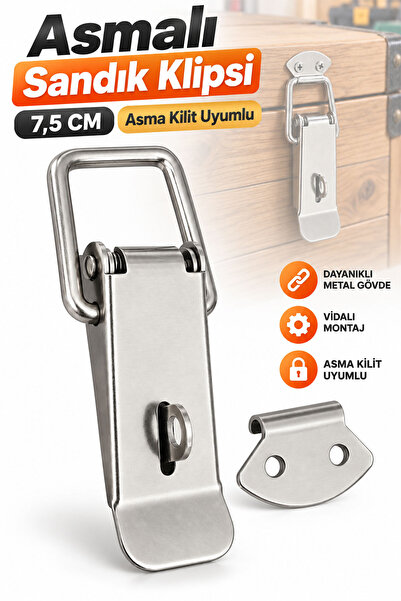 Badem10 Sandık Klipsi Asma Kilit Uyumlu 7,5 CM Metal Gergi Mandalı Sandık Kut...