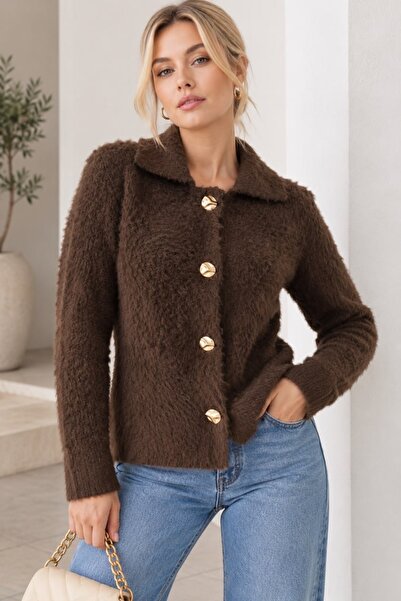 Arbucky Women's Polo Collar Gold Buttoned Soft Textured Knitwear Cardigan