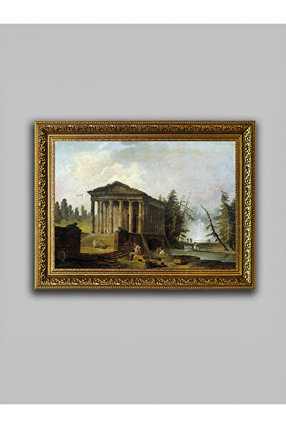 WoodyArts Templu pe malul apei, cu ramă antică aurie, pictură decorativă de p...