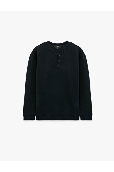 Koton Long Sleeve Three-Thread Ribbed Button Detailed Henley Collar Sweatshirt