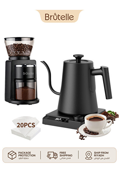 Brutelle Coffee Maker Set Electric Burr Grinder Gooseneck Kettle 34 Grind Set...