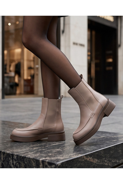 futsi shoes FREYA Vizon Hakiki Deri Kalın Taban Lastikli Günlük Şık Kadın Bot