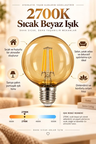 Telvesse G95 Dimmerli Rustik Gün Işığı 2700K Amber LED Ampul Filament E27 Duy...