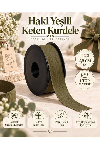 kubbe tekstil aksesuar Haki Yeşil Keten Kurdele 2,5 cm – 1 Top 20 Metre – Dek...