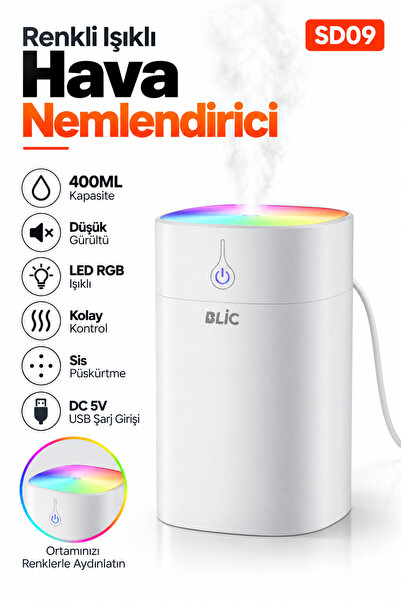 Blic SD09 400 ml Ultrasonik Hava Nemlendirici Beyaz – RGB LED Işıklı, USB 5V,...