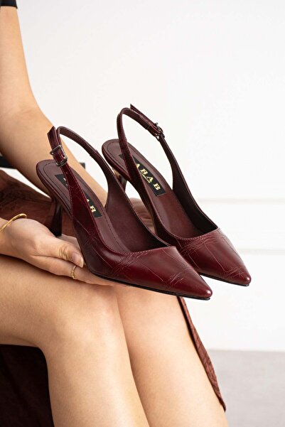 dabab shoes NILDA Kadın Bordo Kroko Rugan Sivri Burun Slingback 7 Cm İnce Top...