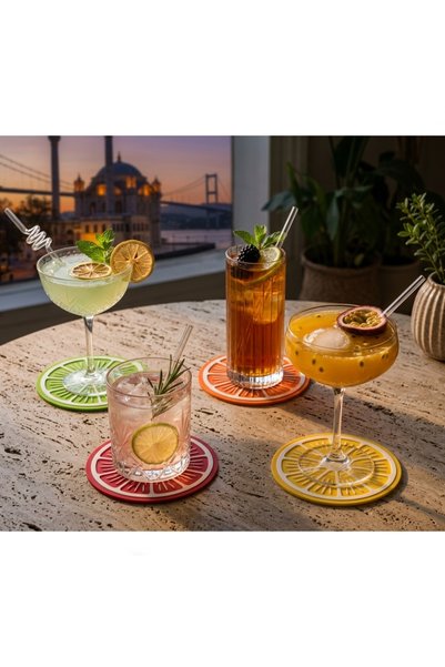 Aksefuar Lazer 4 Pieces of Fruit Slice Coasters 8 cm Plastic Decorative Colorful Mug and Drink Coasters