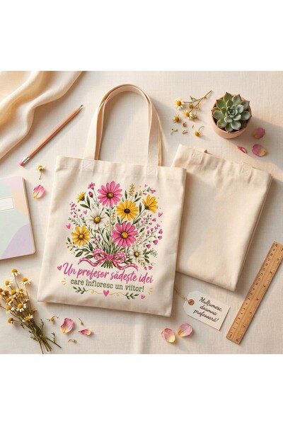 OEM Geanta Tote pentru profesori, cu mesaj inspirational si imprimeu floral -...