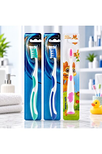 Dynamic Aile Paketi Diş Fırçası Seti 3 Adet – 2 Yetişkin Medium + 1 Çocuk Extra Soft (Karışık Renk)