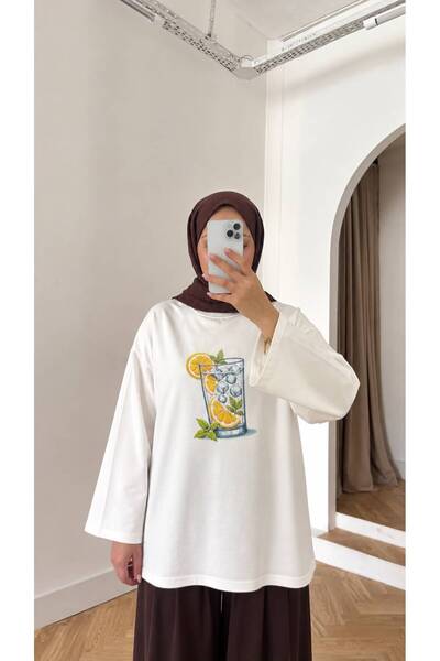 QUWİQ Kadın %100 Pamuk Oversize Baskılı Uzun Kollu T-Shirt
