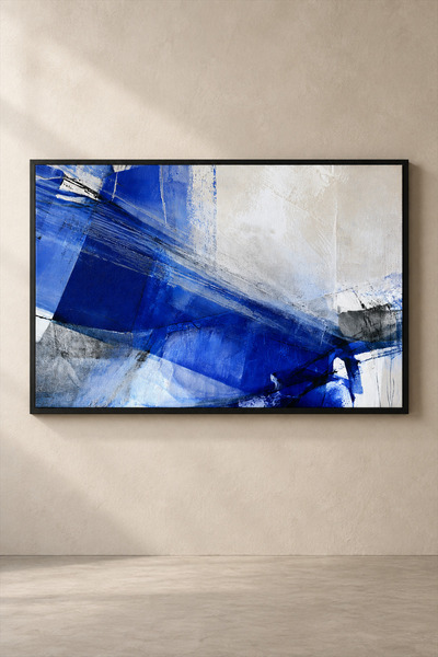 Özel Tasarım Soyut Kobalt Mavi Geometrik Tablo - Siyah Yüzer Çerçeveli Yatay Büyük Boy Ekspresyonist Kanvas Tablo (109x74 cm)