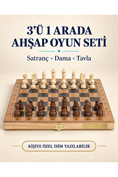 METTREND 3’ü 1 Arada 34cm Ahşap Satranç Dama Tavla Seti Katlanabilir