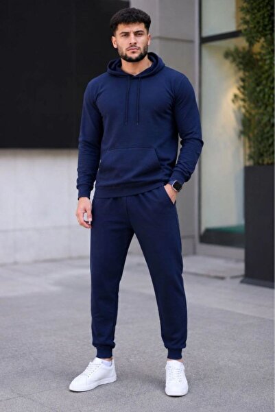 VELİZADE Men's New Season Navy Blue Hooded Double Set Elastic Waist Pocketed ...