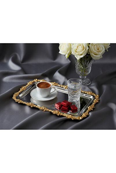 Simply Now صينية تقديم معدنية فاخرة بإطار مصبوب بتصميم زهور باتون 34x18 سم