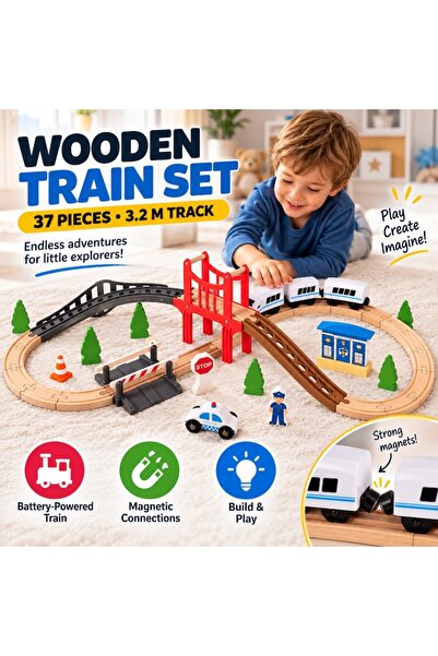 KRUZZEL Set tren electric din lemn, 37 piese, șină de 3,2 m, pod suspendat, b...