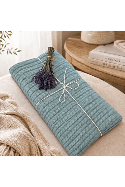 Pucioasa Pled tricotat din bumbac 160x220cm, Verde eucalipt F23, model spic