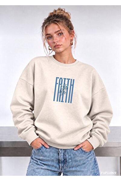 FUFLUNS Γυναικείο φούτερ με στάμπα FAITH, oversized, με λαιμόκοψη ποδηλάτου