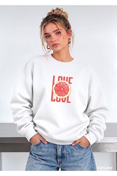 FUFLUNS Γυναικείο φούτερ με στάμπα LOVE, oversized, με λαιμόκοψη ποδηλάτου