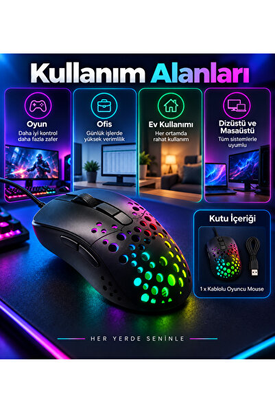 Hil Tech Eminönü Toptan Elektronik 8000 DPI Kablolu Oyuncu Mouse 6 Tuşlu Renkli Aydınlatmalı USB Gaming Mouse Delikli Gövde